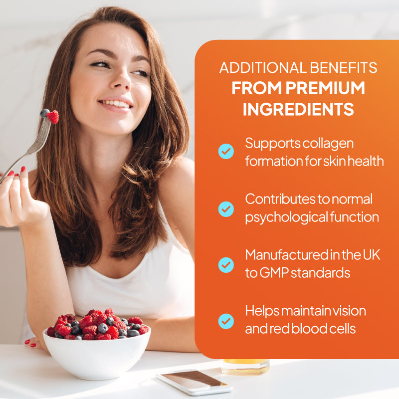Lifestyle promotional graphic showing a woman eating berries beside text highlighting additional benefits from premium multivitamin ingredients, including collagen formation support for skin health, psychological function support, manufactured in the UK to GMP standards, and help maintaining vision and red blood cells.
