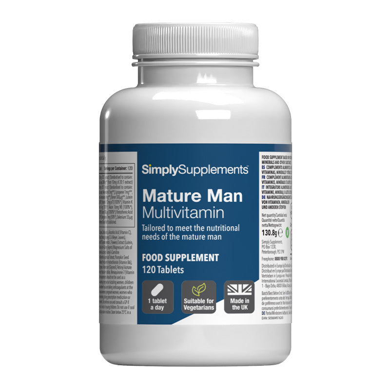 Bottle of SimplySupplements Mature Man Multivitamin on a white background