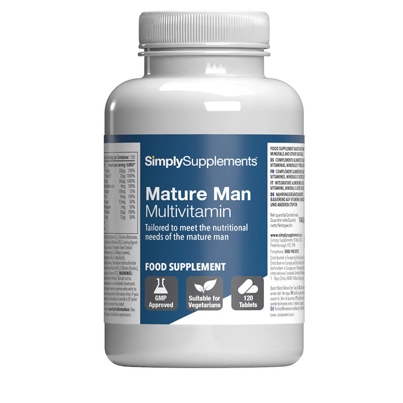 Bottle of SimplySupplements Mature Man Multivitamin on a white background