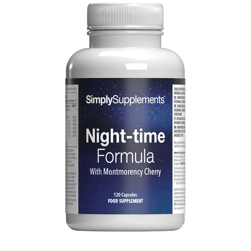 Supplement bottle labeled 'Night-time Formula with Montmorency Cherry' by SimplySupplements on a white background.