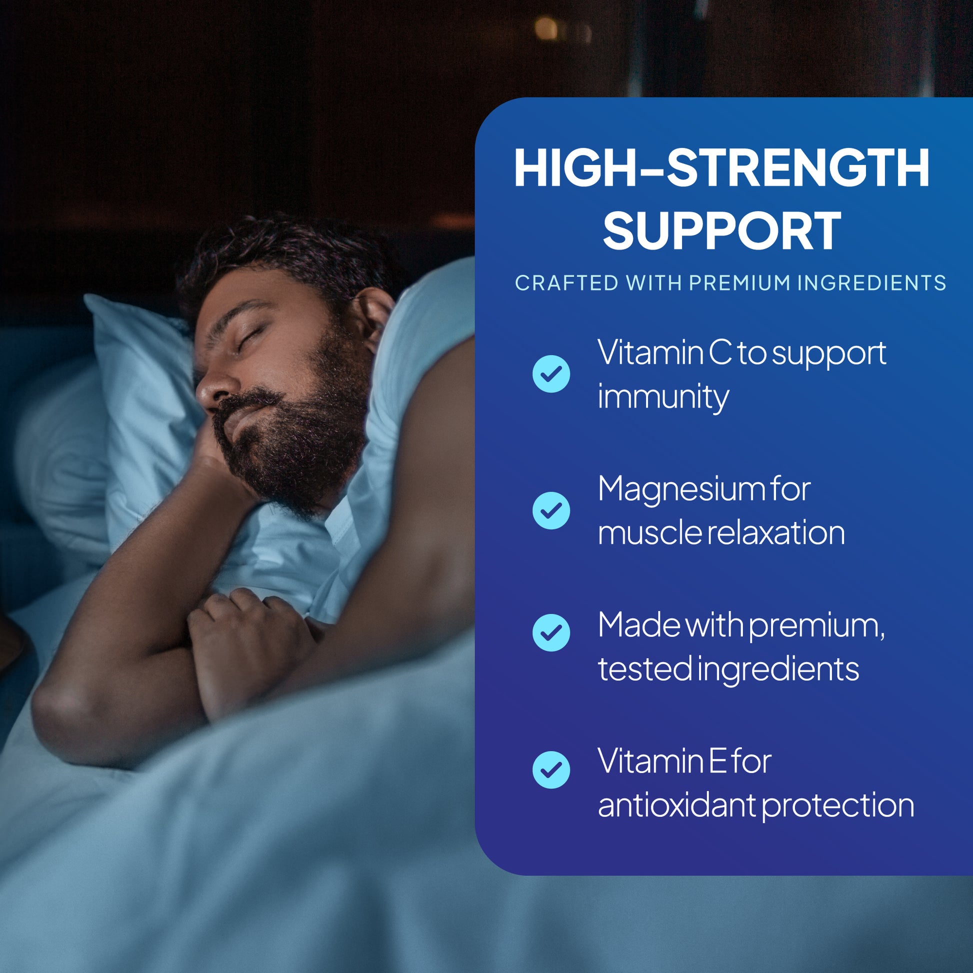 Simply Supplements Night Time Formula provides vitamin C for immunity, magnesium for muscle relaxation and vitamin E for antioxidant protection.

