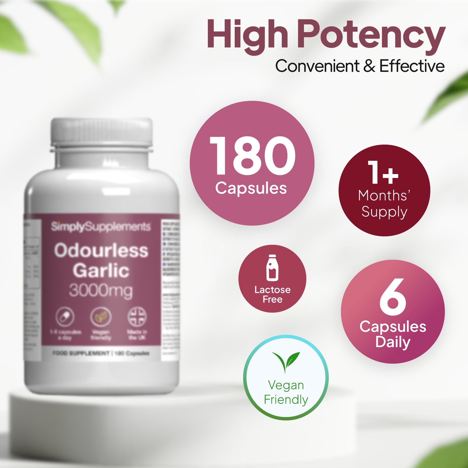 Ordourless garlic supplement bottle with dosage- 1+ months supply (6 capsules daily). Lactose free. Vegan Friendly