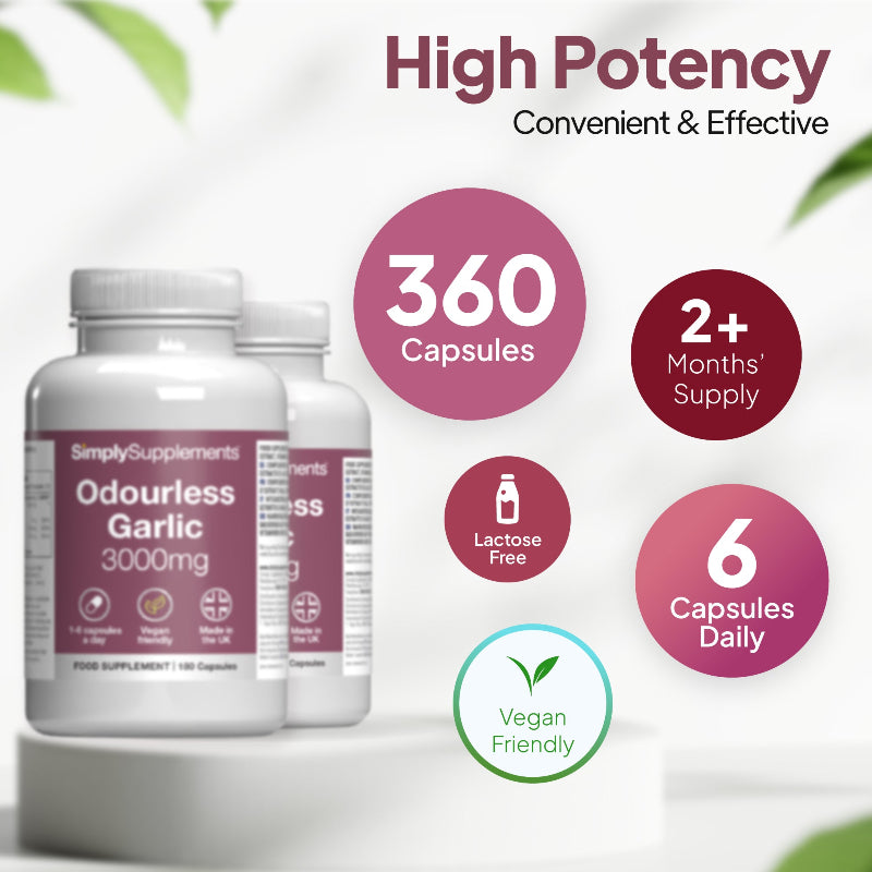 Ordourless garlic supplelemt bottle with dosage- 2+ months# supply (6 capsules daily). Lactose free. Vegan Friendly
