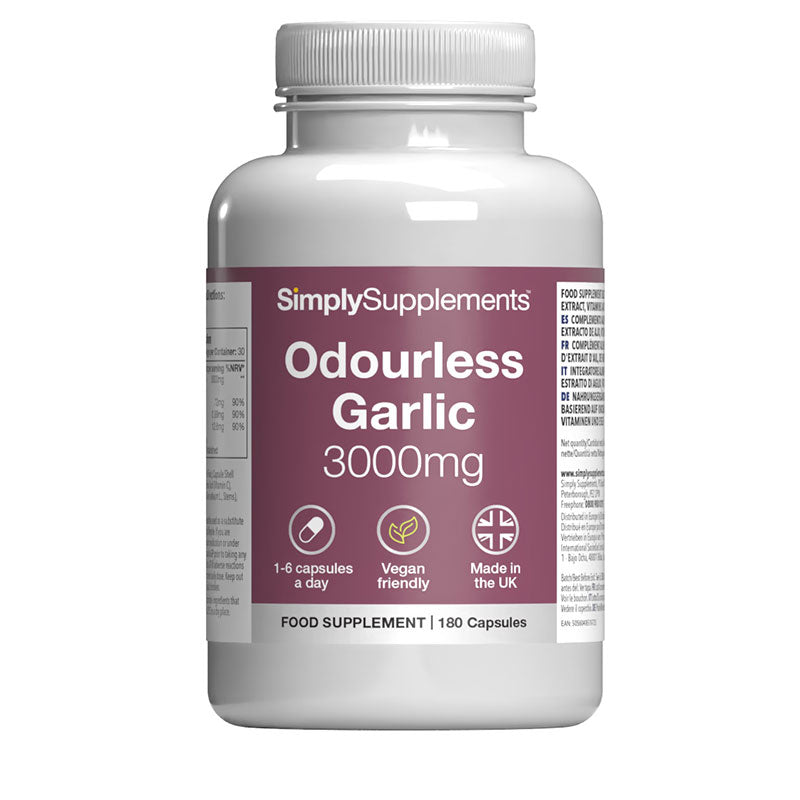 Supplement bottle labeled 'SimplySupplements Odourless Garlic 3000mg' on a white background
