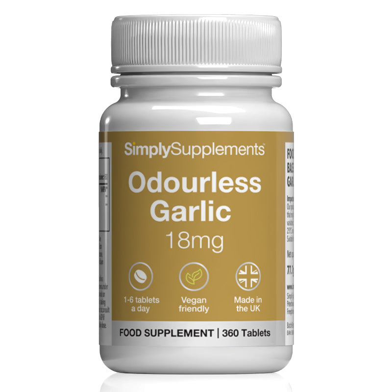 Bottle of SimplySupplements Odourless Garlic 18mg supplement on a white background