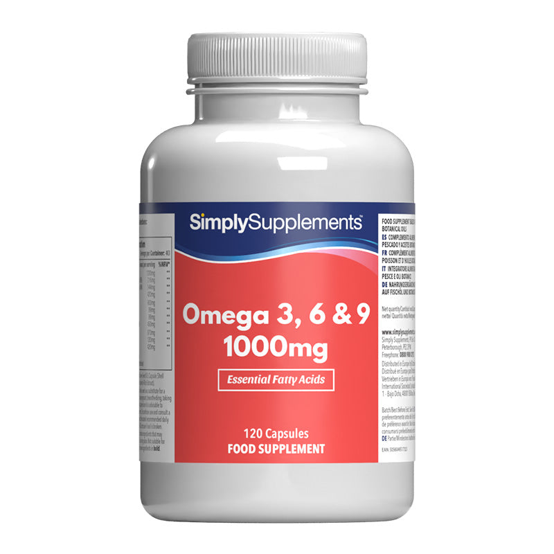 Supplement bottle labeled 'SimplySupplements Omega 3-6-9 1000mg' on a white background