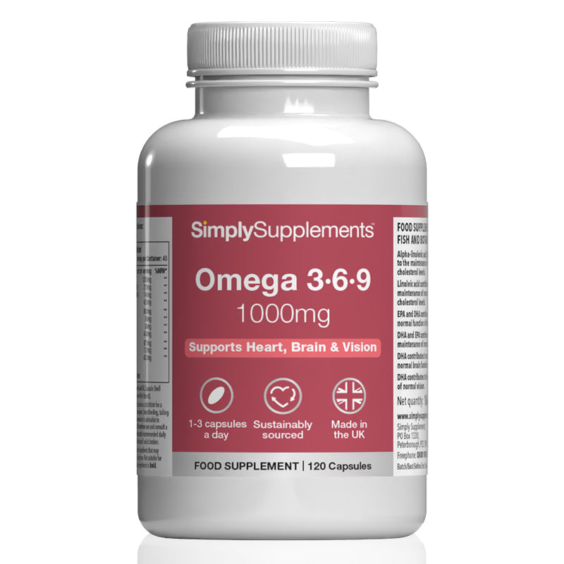 A white plastic bottle of SimplySupplements Omega 3-6-9 1000mg food supplement with a red and white label, shown on a white background with a subtle reflection.