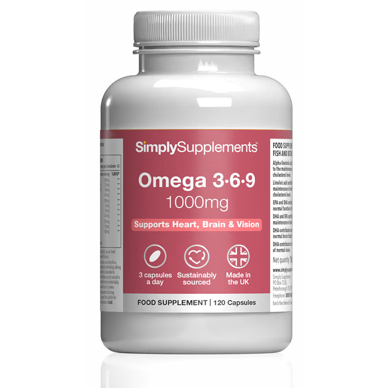 Supplement bottle labeled 'SimplySupplements Omega 3-6-9 1000mg' on a white background