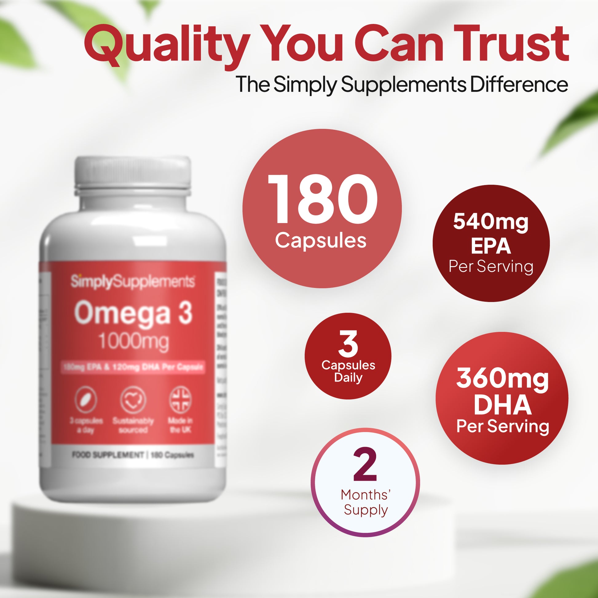 Simply Supplements Omega 3 Capsules 1,000mg 180 capsules. 3 capsules daily