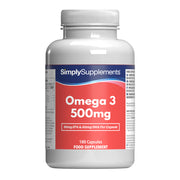Supplement bottle labeled 'SimplySupplements Omega 3 500mg' on a white background