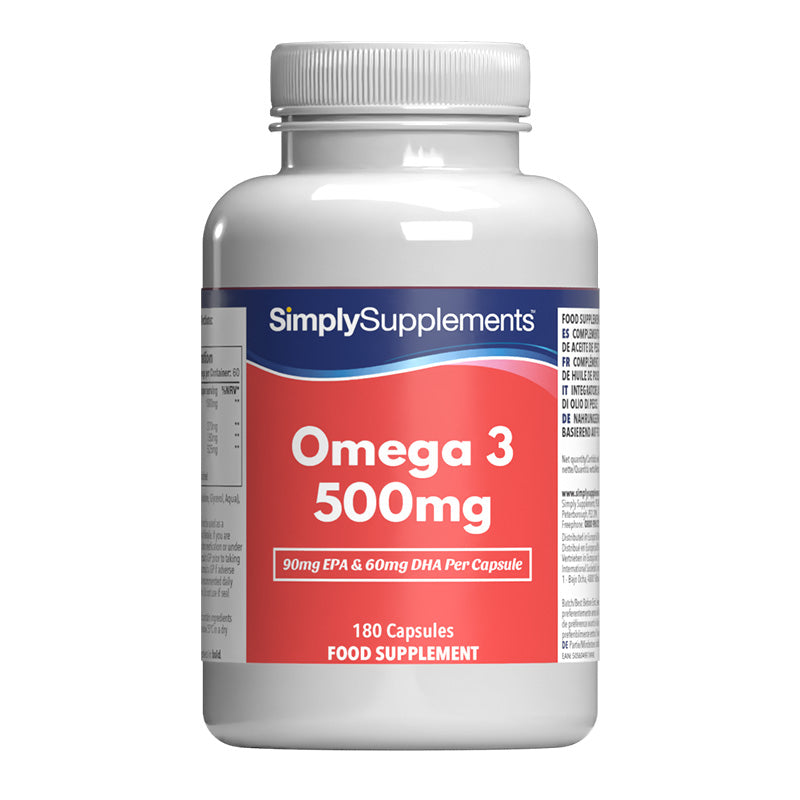 Supplement bottle labeled 'SimplySupplements Omega 3 500mg' on a white background