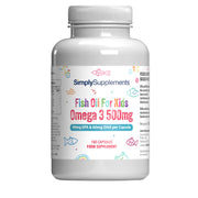White supplement bottle labelled 'SimplySupplements Fish Oil For Kids Omega 3 500mg' on a white background