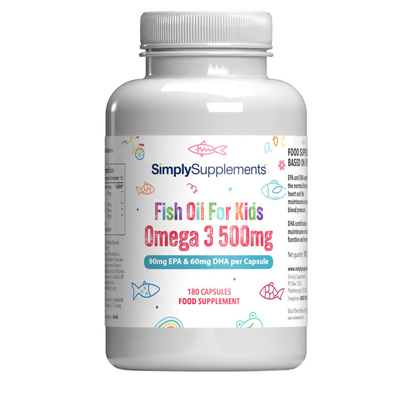 White supplement bottle labelled 'SimplySupplements Fish Oil For Kids Omega 3 500mg' on a white background