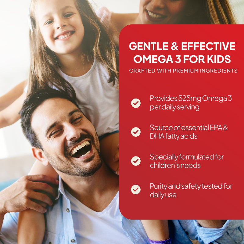 Omega 3 for Kids 500mg is especially formulated for children's needs and is a source of essential EPA & DHA fatty acids