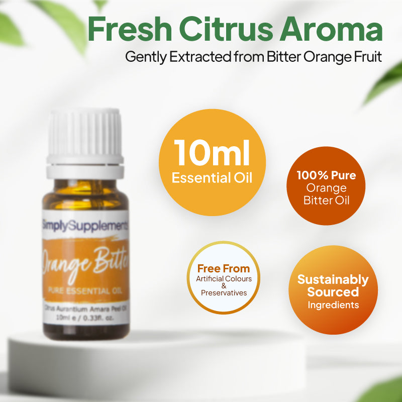 Simply Supplements Orange Bitter essential oil graphic showing 10ml total, 100 percent pure bitter orange oil, sustainably sourced ingredients and free from artificial colours and preservatives.