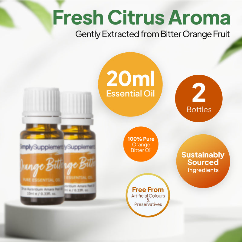 Simply Supplements Orange Bitter essential oil graphic showing 20ml total, 2 bottles, 100 percent pure bitter orange oil, sustainably sourced ingredients and free from artificial colours and preservatives.