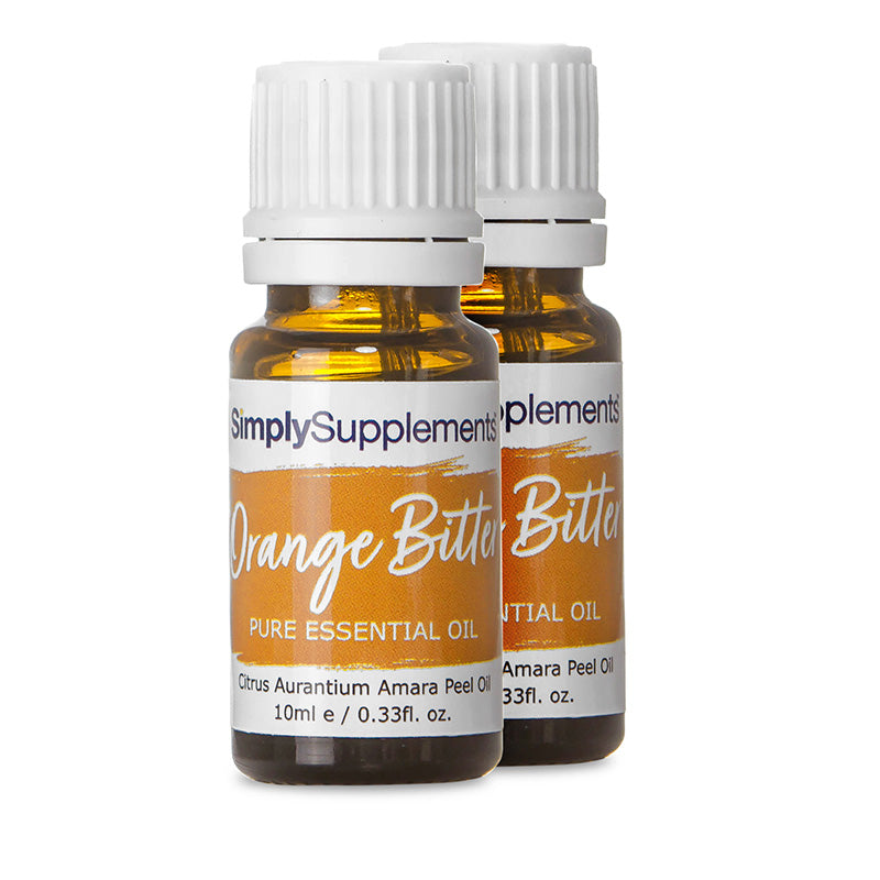 Two bottles of Simply Supplements Orange Bitter essential oil on a white background