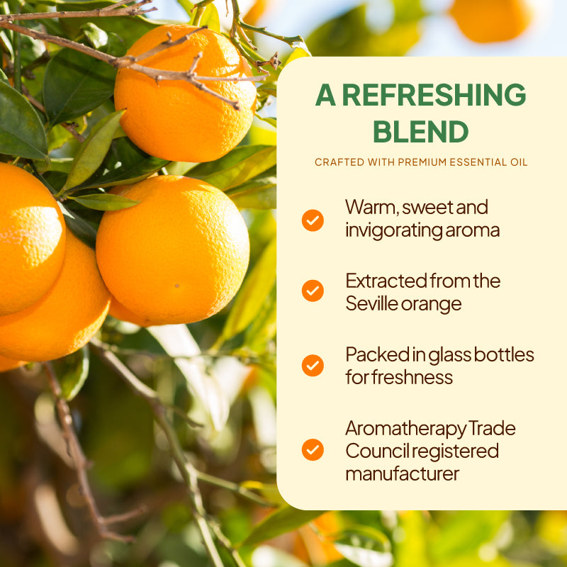 Simply Supplements Orange Bitter essential oil lifestyle graphic highlighting warm sweet invigorating aroma, Seville orange sourcing, glass bottle packaging and Aromatherapy Trade Council registered manufacturer