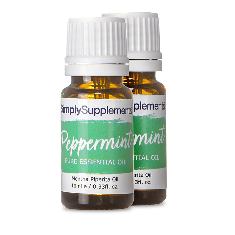 Two bottles of Simply Supplements Peppermint Pure Essential Oil on a white background