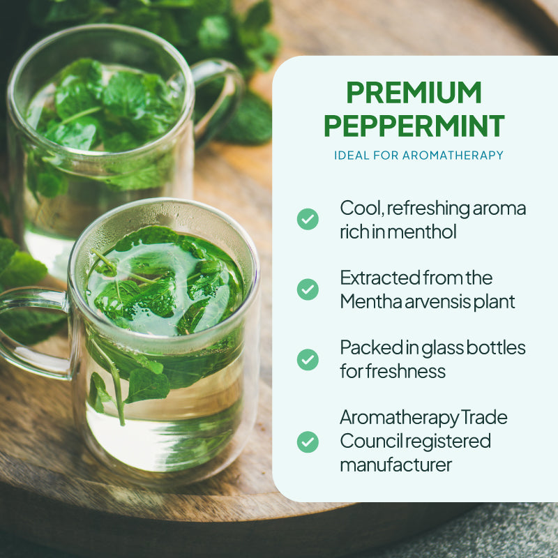 Simply Supplements Peppermint essential oil lifestyle graphic highlighting cool refreshing menthol aroma, Mentha arvensis plant origin, glass bottle packaging and Aromatherapy Trade Council registered manufacturer.