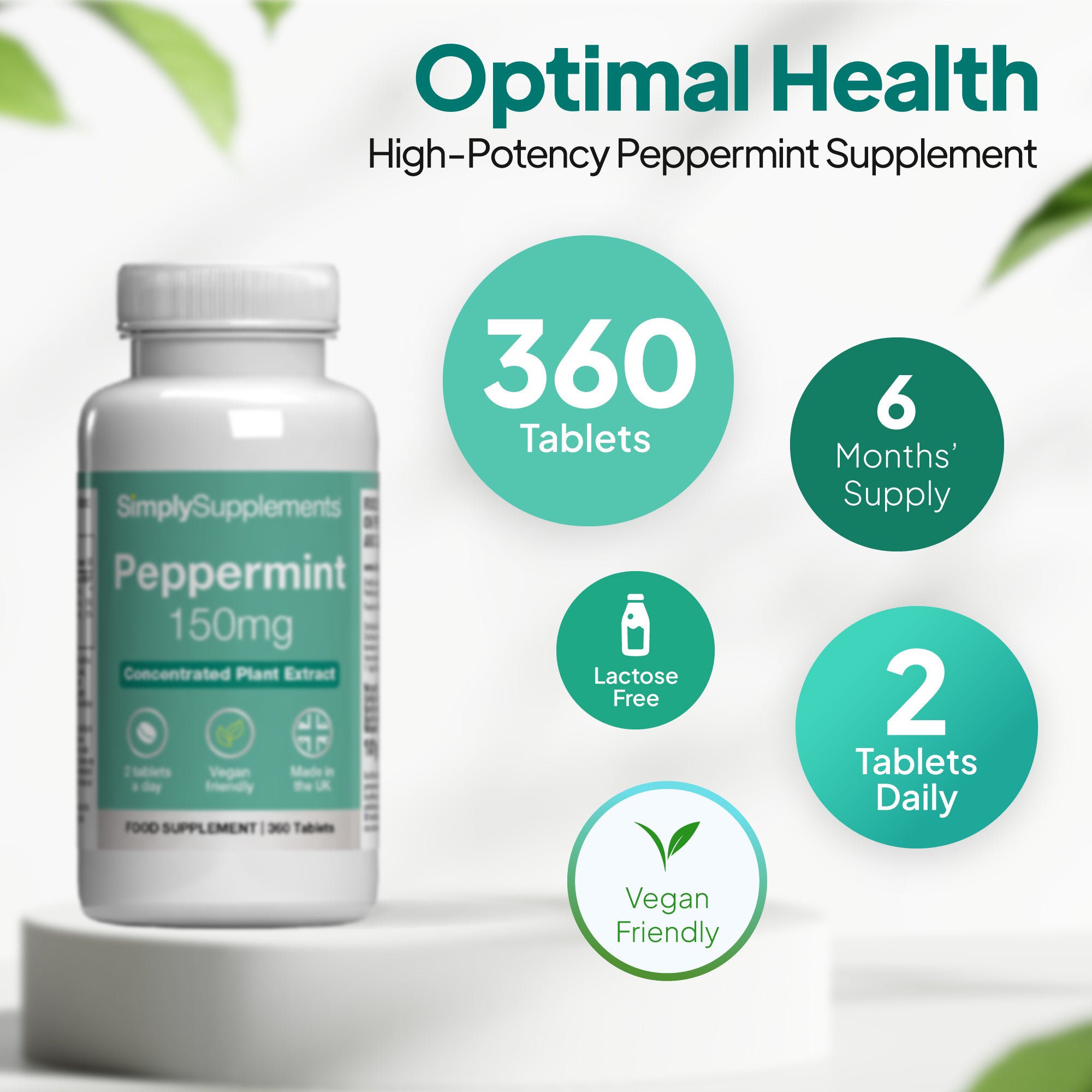Simply supplements Peppermint 150mg, containing 360 tablets