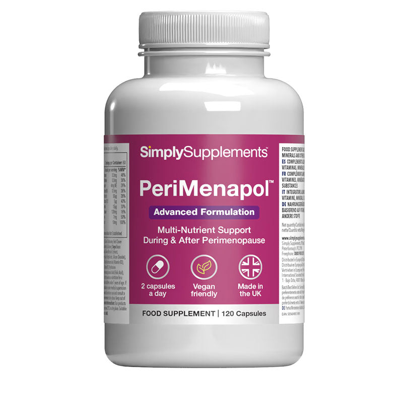 Supplement bottle labeled 'PeriMenapol' by SimplySupplements on a white background