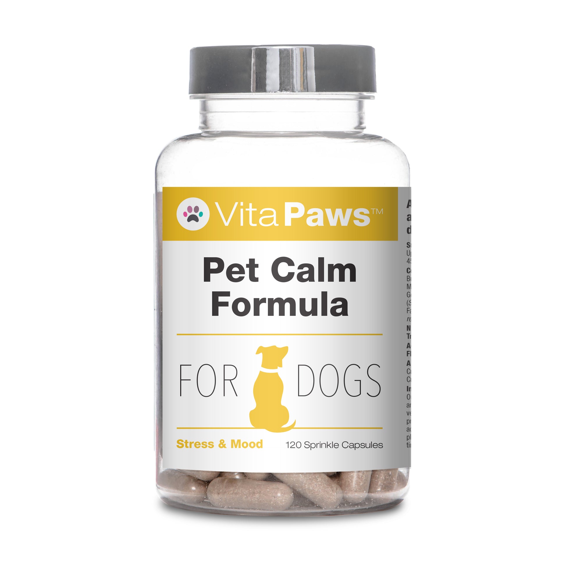 Bottle of Vita Paws Pet Calm Formula for dogs on a white background