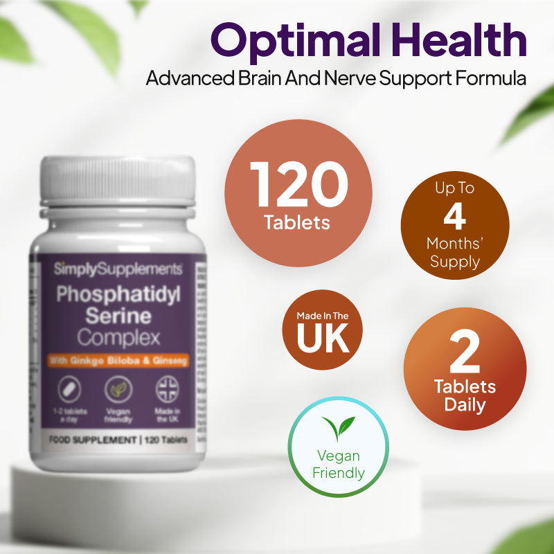 Product infographic for Simply Supplements Phosphatidyl Serine Complex, showing the bottle beside a circular layout with a crop field image and text stating 120 tablets, 4 months’ supply, 2 tablets a day, suitable for vegans and made in the UK