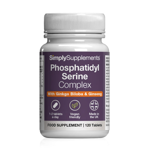 Supplement bottle labeled 'Phosphatidyl Serine Complex' by Simply Supplements on a white background