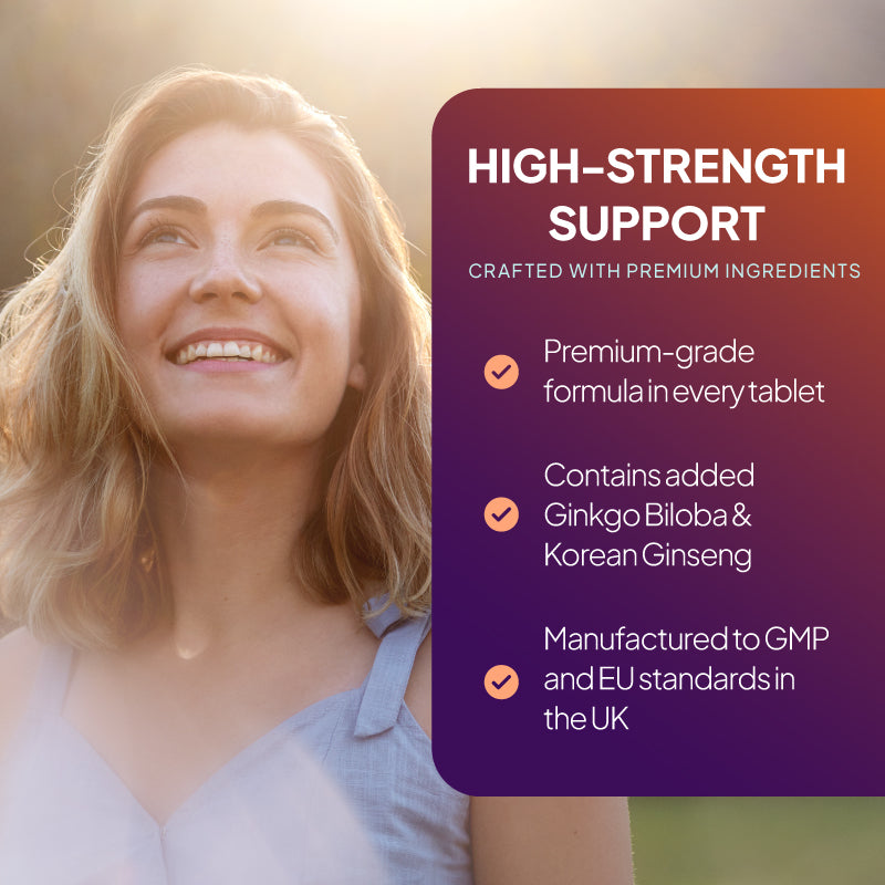 Promotional product graphic for Simply Supplements Phosphatidyl Serine Complex, showing a happy woman, with benefits next to her. 
