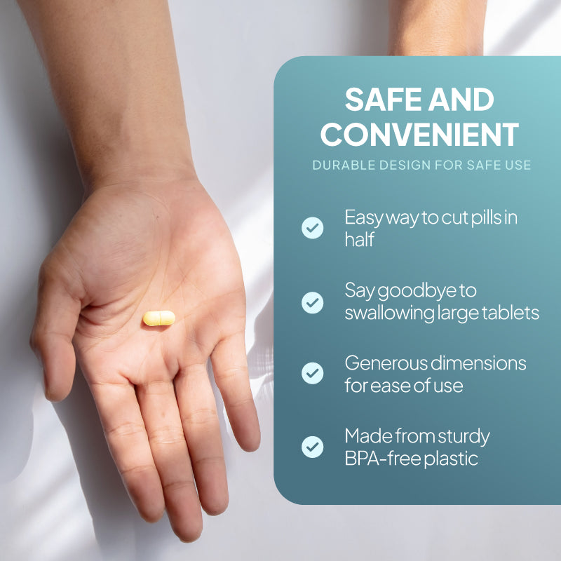 Lifestyle promotional graphic for a pill cutter, showing an open hand holding a split yellow tablet beside a blue text panel reading “Safe and Convenient,” with points highlighting an easy way to cut pills in half, help with swallowing large tablets, generous dimensions for ease of use, and sturdy BPA-free plastic construction.
