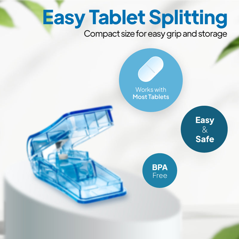 Product infographic for a blue pill cutter, showing the cutter on a white pedestal against a light background with blue circular callouts under the heading “Easy Tablet Splitting” and subheading “Compact size for easy grip and storage,” highlighting that it works with most tablets, is easy and safe to use, and is BPA free.