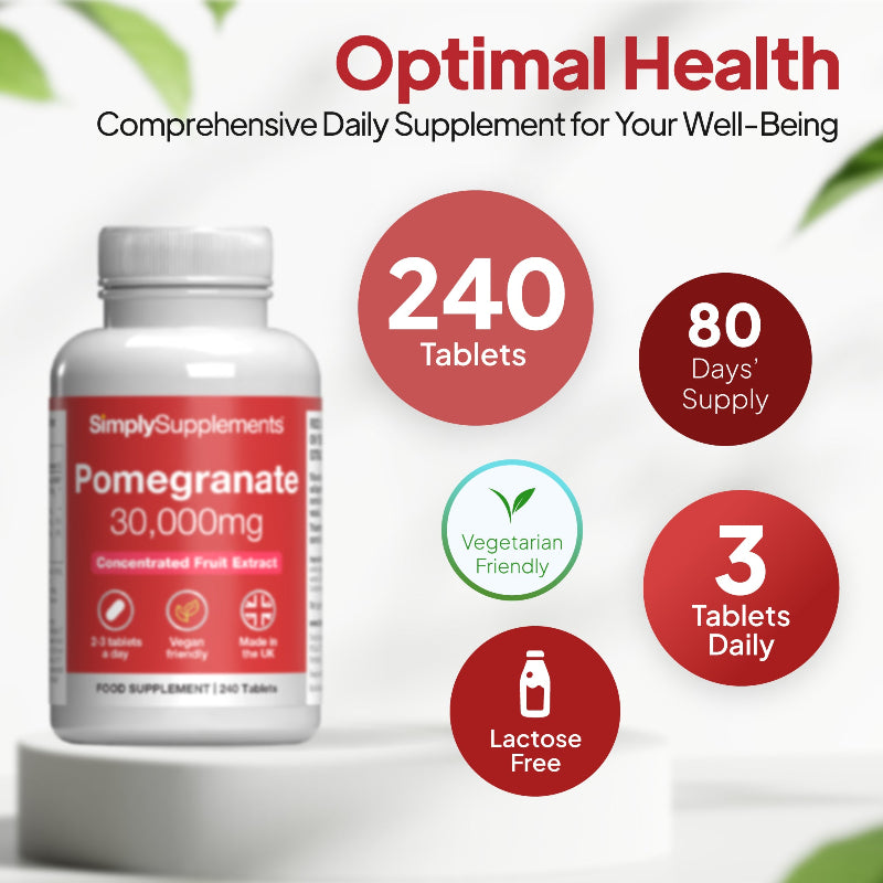 Simply Supplements Pomegranate 30,000mg provides 240 tablets.