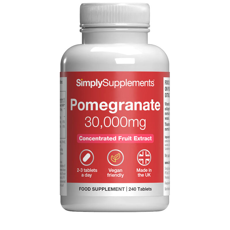 Supplement bottle labeled 'SimplySupplements Pomegranate 30,000mg' on a white background