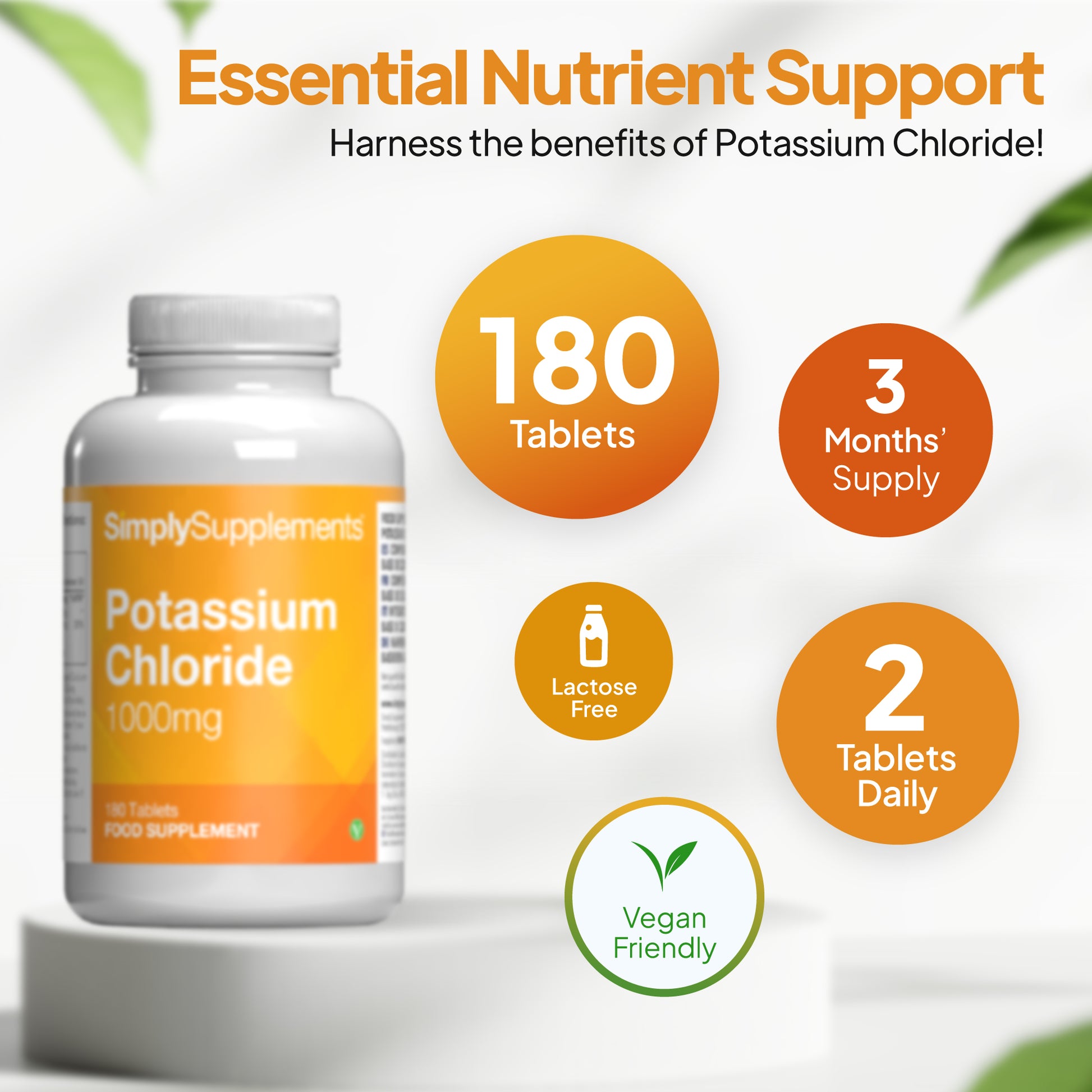 Simply Supplements Potassium Chloride 1000mg supplement graphic showing 180 tablets, 3 months’ supply, 2 tablets daily, lactose free, and vegan friendly formulation.