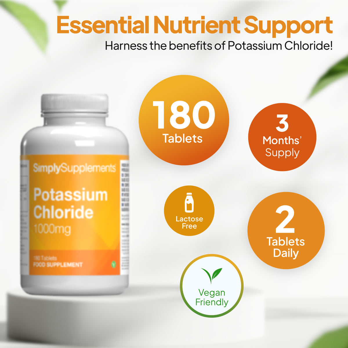 Simply Supplements Potassium Chloride 1000mg supplement graphic showing 180 tablets, 3 months’ supply, 2 tablets daily, lactose free, and vegan friendly formulation.