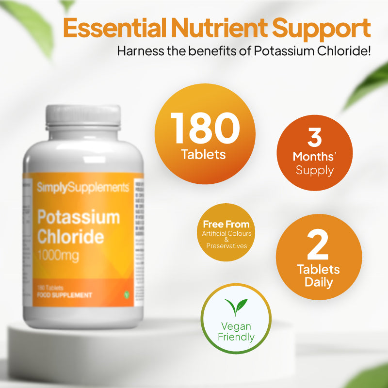 Simply Supplements Potassium Chloride 1000mg supplement graphic showing 180 tablets, 3 months’ supply, 2 tablets daily, free from artificial colours and preservatives, and vegan friendly formulation.