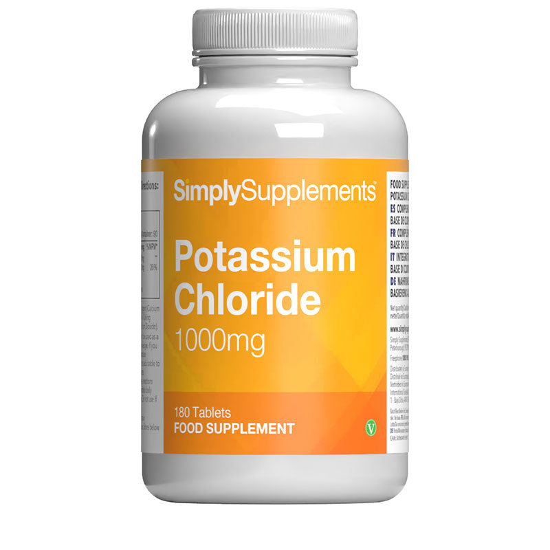 Front label of Simply Supplements Potassium Chloride 1000mg food supplement, showing 180 tablets and high-strength potassium formula.