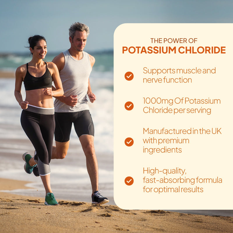Simply Supplements Potassium Chloride 1000mg lifestyle graphic highlighting support for muscle and nerve function, 1000mg of potassium chloride per serving, UK manufacturing with premium ingredients, and a high-quality fast-absorbing formula.