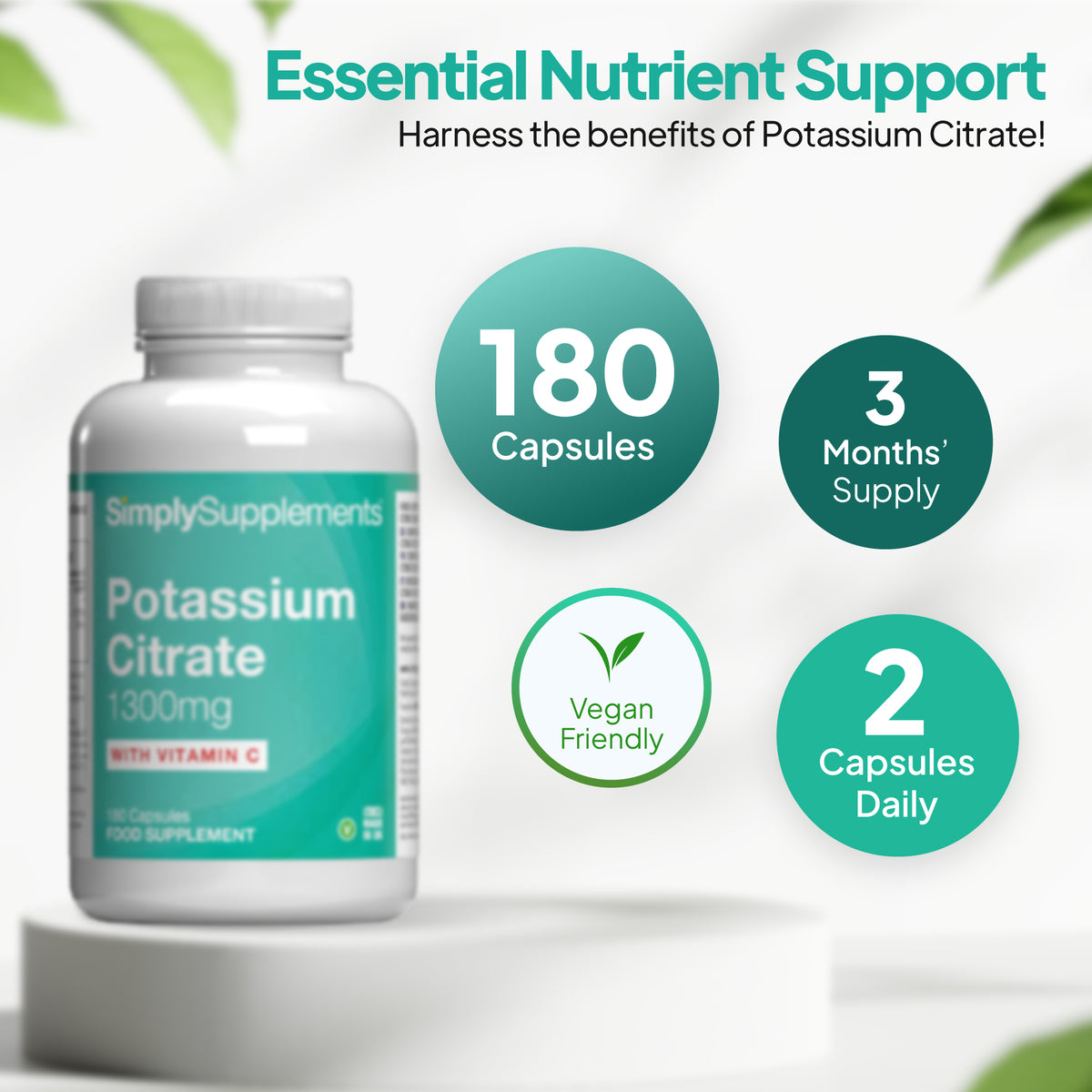 Simply Supplements Potassium Citrate 1300mg supplement graphic showing 180 capsules, 3 months supply, 2 capsules daily, vegan friendly formula.