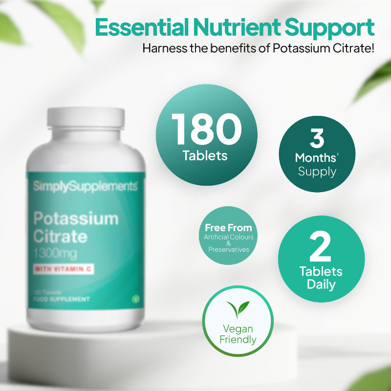Simply Supplements Potassium Citrate 1300mg supplement graphic showing 180 tablets, 3 months supply, 2 tablets daily, vegan friendly formula and free from artificial colours and preservatives.