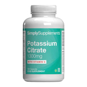 Front label of Simply Supplements Potassium Citrate 1300mg with Vitamin C food supplement, showing 180 capsules and high-strength potassium formula.