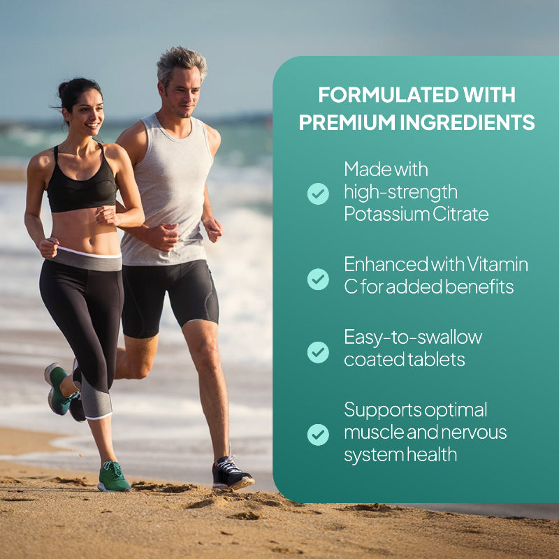 Simply Supplements Potassium Citrate 1300mg with Vitamin C lifestyle graphic highlighting premium ingredients, easy-to-swallow coated tablets, muscle support and nervous system health.