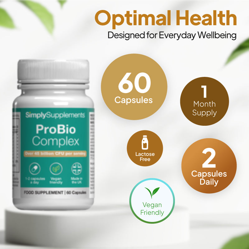 ProBio Complex probiotic supplement, 60 capsules, one month supply, lactose free and vegan friendly