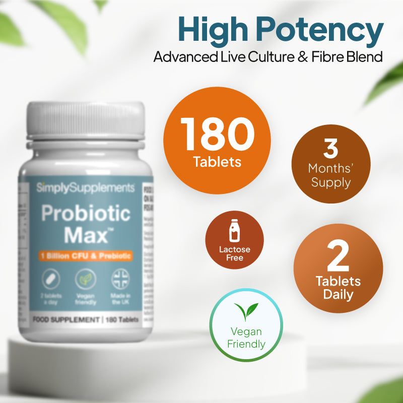 Simply Supplements Probiotic Max supplement graphic showing 180 tablets, 3 months supply, 2 tablets daily, lactose free formula and vegan friendly probiotic support.
