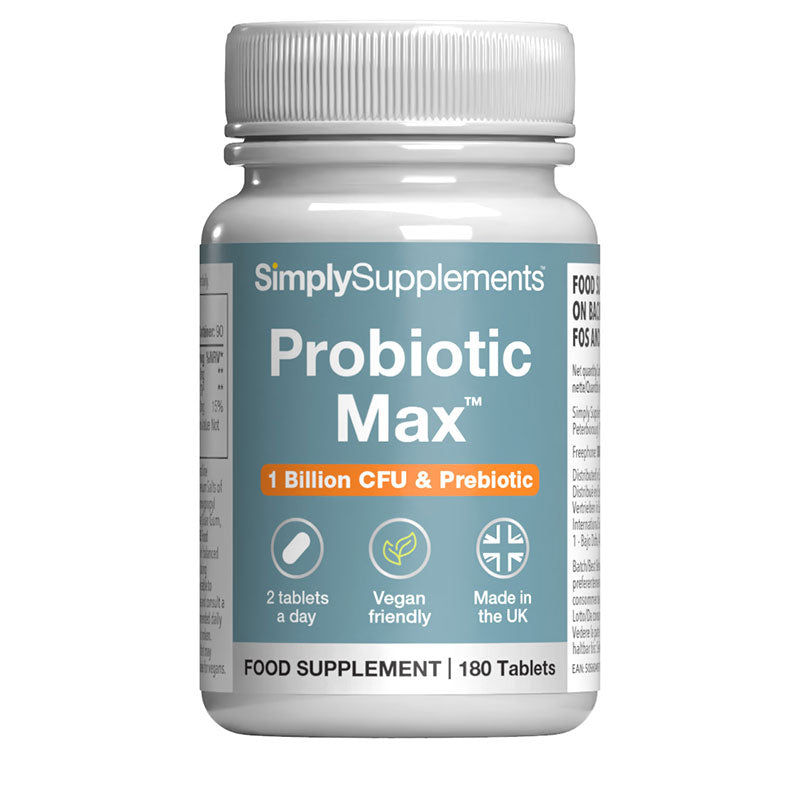 Bottle of SimplySupplements Probiotic Max on a white background