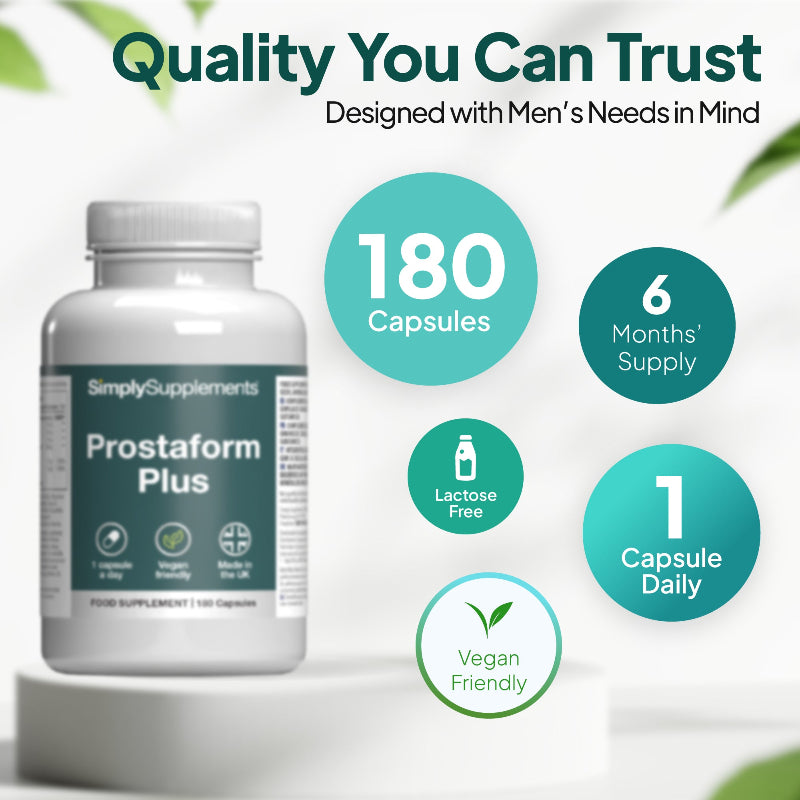 Simply Supplements Prostaform Plus supplement graphic showing 180 capsules, 6 months supply, 1 capsule daily, lactose free formula and vegan friendly men’s health support.