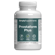 Front label of Simply Supplements Prostaform Plus food supplement, showing 180 capsules, 1 capsule daily, vegan friendly formula and made in the UK.