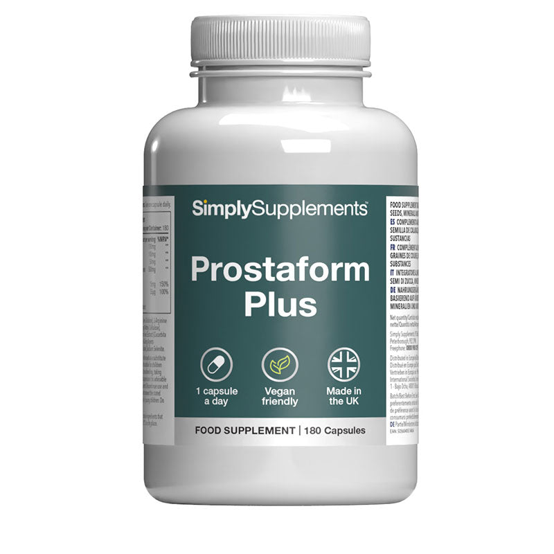 Front label of Simply Supplements Prostaform Plus food supplement, showing 180 capsules, 1 capsule daily, vegan friendly formula and made in the UK.