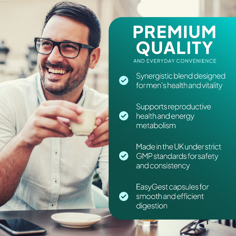 Simply Supplements Prostaform Plus lifestyle graphic highlighting premium quality men’s health supplement with reproductive health support, energy metabolism support, UK-made quality and EasyGest